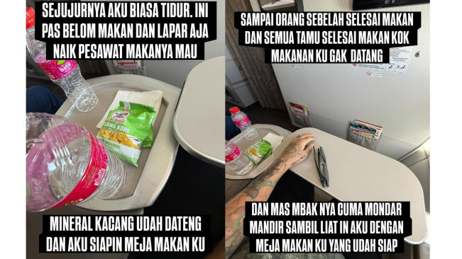 King Abdi cerita saat pesan makanan di kelas bisnis Batik Air namun tak kunjung dilayani. (Instagram @kingabdi_jajanmercon)